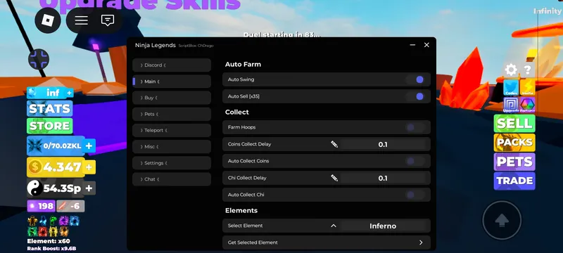 Script with many functions: auto farm all, teleport, hatch egg, anti afk, noclip and more.. - ninja legends script preview
