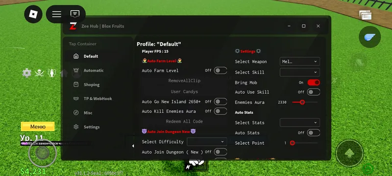 One from best script for Blox fruits (long loading!) with: Auto farm level Auto dungeons (with difficulty) Auto stats Teleport to seas (and other) Auto shop Bring mob And many more! - Blox Fruits script preview