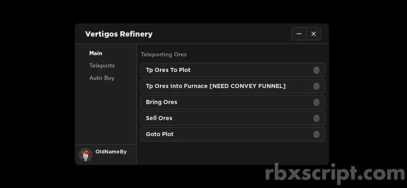 Refinery Caves: Teleport Ores to base, Teleport Ores to sell, Auto Buy - Refinery Caves script preview