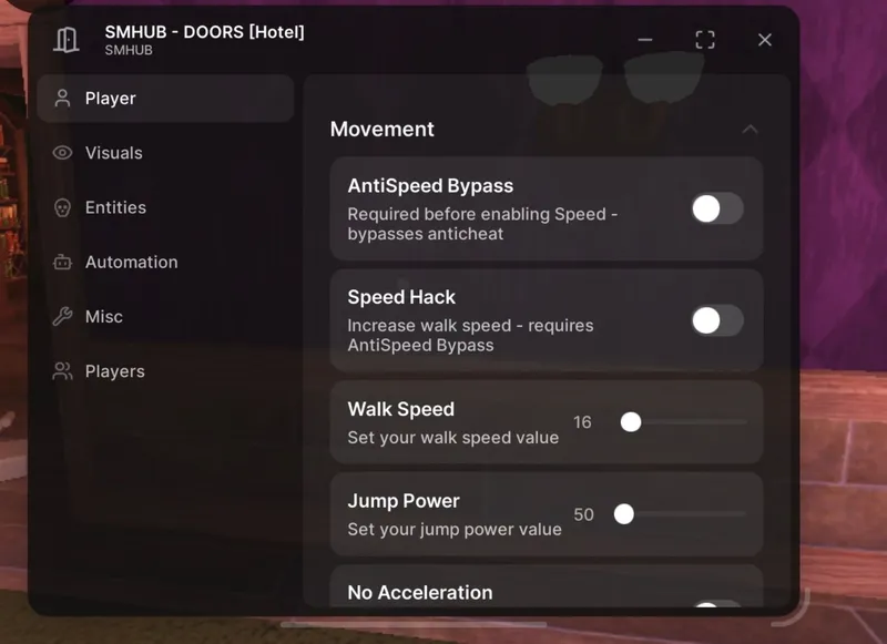 Speed Hack,JumpPower,No Acceleration,Noclip,Fight, FullBright, Remove Fug, Esp Players,Esp Door • Esp Objective • Esp Entity • Entity Pathing • Show Room Number • Entity Notifications • Auto Godmode • - DOORS script preview