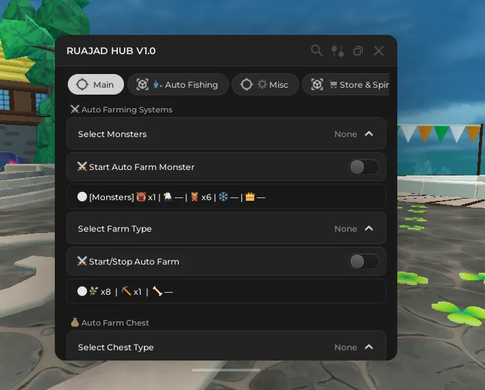 RUAJAD HUB V1.0 - Full Feature List Monster Farm Chest Farm Egg Collector Pro Fishing Dragon Care Full ESP Engine Movement Hacks Other - Universal script preview