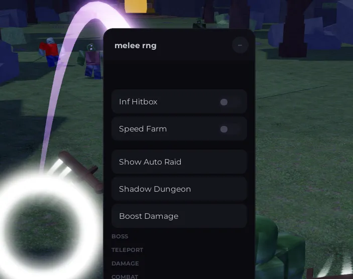 Cool script for Untitled Melee RNG on Inf Hitbox, Speed Farm, Show Auto Raid, Shadow Dungeon and Boost Damage - Untitled Melee RNG Script script preview