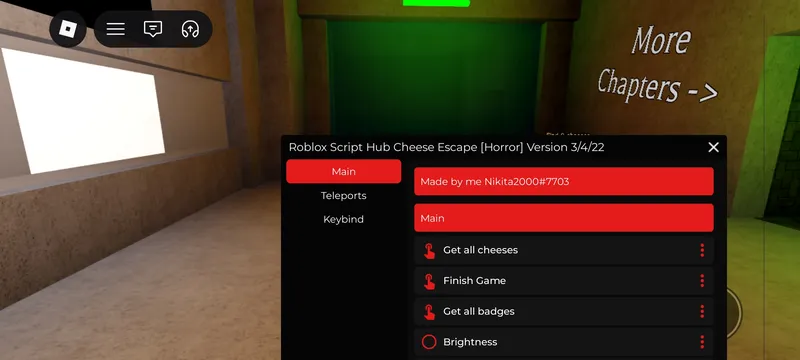 Good script with teleport, auto finish and brightness (and collect cheese, but its sometimes not work) - Cheese escape script Script NOT VERIFIED script preview