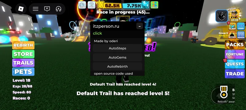 Script with three functions: auto farm gems, speed and auto rebirth! (good!!) - Unknown script preview