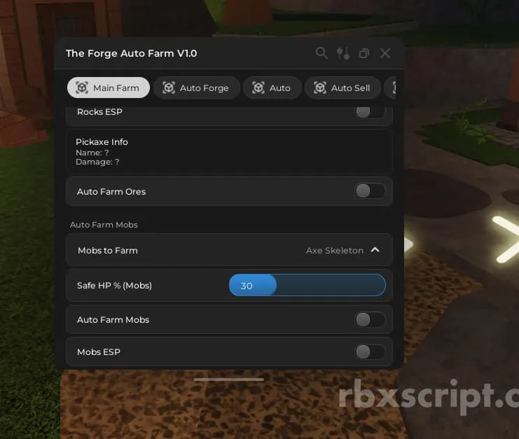 The Forge: Auro farn mobs, Auto farm ores, Mobs ESP, Rocks ESP - The Forge script preview
