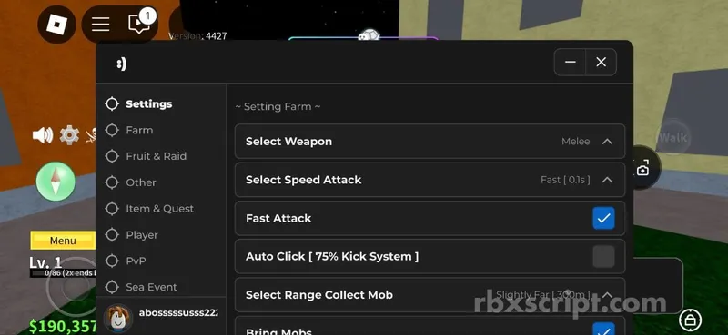 Blox Fruits: Auto Farm, Teleport, Auto Quest - Blox Fruits script preview