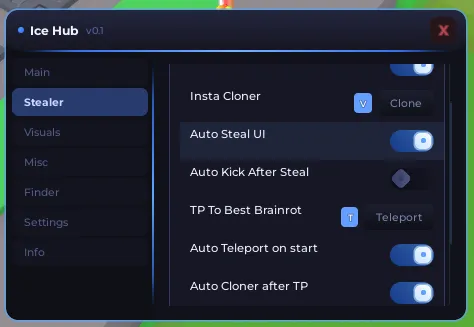 ICE HUB V0.2: ANTI AFK,AUTO DESYNC,DELETE ANIMATIONS,AUTO TP. - Steal A Brainrot Script NOT VERIFIED script preview
