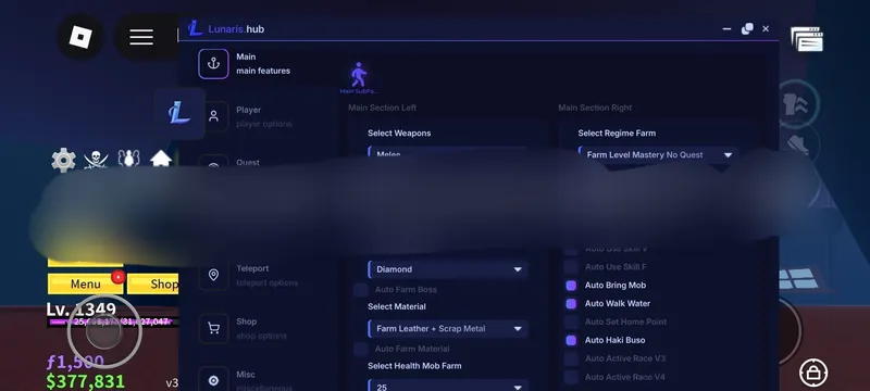 Script for block fruit with the functions Melee, selecting an auto-farming mode, farming a skill level without completing quests, and so on, a lot of useful functions - Blox Fruits script preview