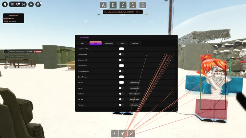 Aim+hitbox Aim, Esp, mouse tp, Fly, Noclip, key bind, watermark. - GameSync RDM+War Script NOT VERIFIED script preview
